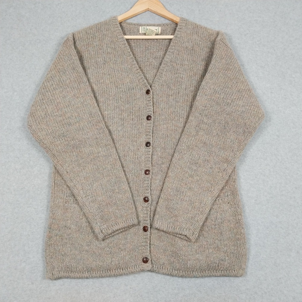 Vintage LL Bean Cardigan Womens Medium Biege Tan 100% Pure New Wool Cozy 90s